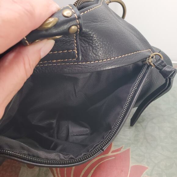 J.F. Fine Leather Shoulder Bag Brown Studded Y2K Flap Snap Outside Zip 6x11 inch - Picture 3 of 11